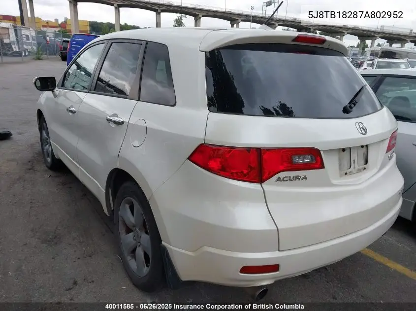 2007 Acura Rdx VIN: 5J8TB18287A802952 Lot: 40011585