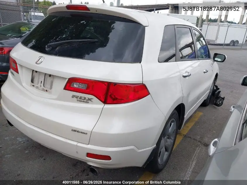 2007 Acura Rdx VIN: 5J8TB18287A802952 Lot: 40011585