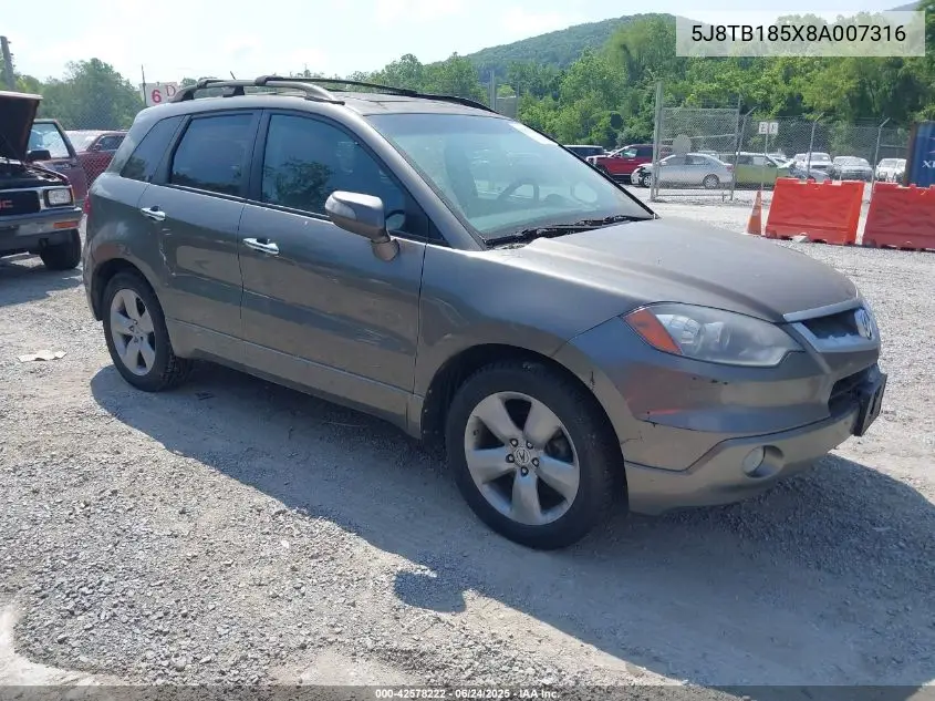 2008 Acura Rdx VIN: 5J8TB185X8A007316 Lot: 42578222
