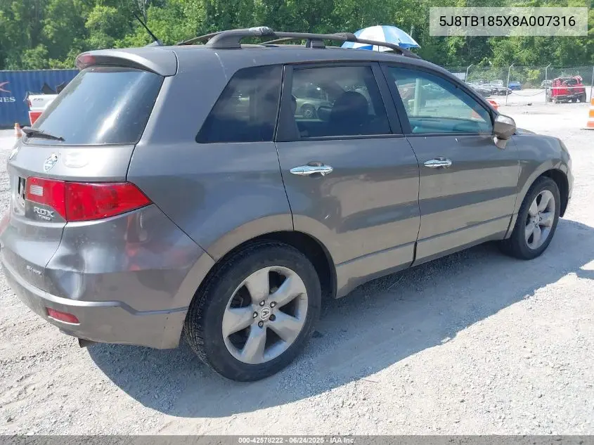 2008 Acura Rdx VIN: 5J8TB185X8A007316 Lot: 42578222