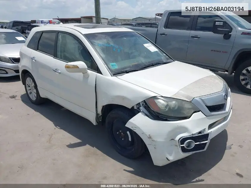 2011 Acura Rdx VIN: 5J8TB1H26BA003194 Lot: 42561523