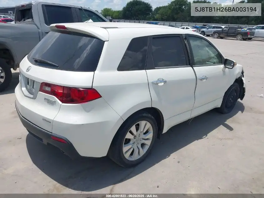 2011 Acura Rdx VIN: 5J8TB1H26BA003194 Lot: 42561523