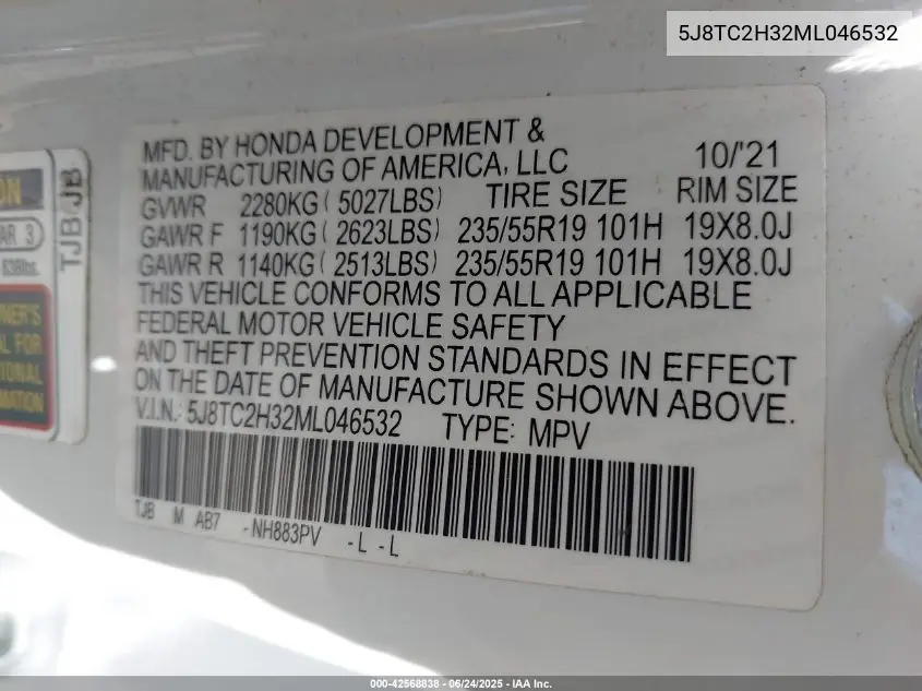2021 Acura Rdx Standard VIN: 5J8TC2H32ML046532 Lot: 42568838
