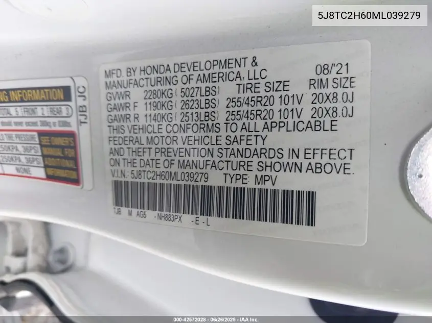 2021 Acura Rdx A-Spec Package VIN: 5J8TC2H60ML039279 Lot: 42572028