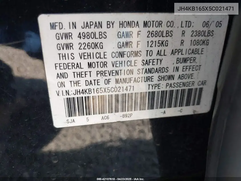 2005 Acura Rl 3.5 VIN: JH4KB165X5C021471 Lot: 42107618