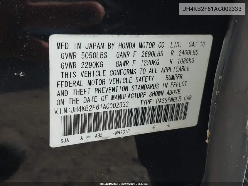 2010 Acura Rl 3.7 VIN: JH4KB2F61AC002333 Lot: 42492345