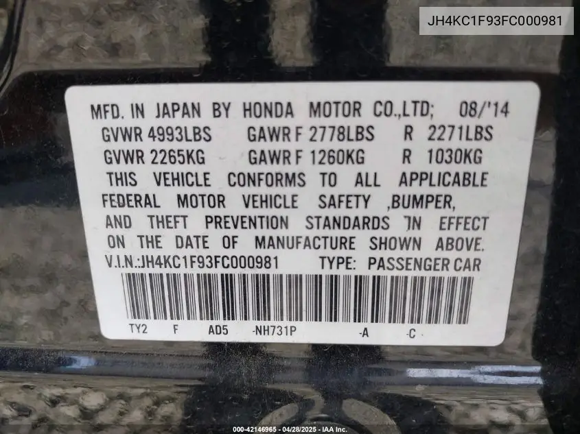 2015 Acura Rlx VIN: JH4KC1F93FC000981 Lot: 42146965