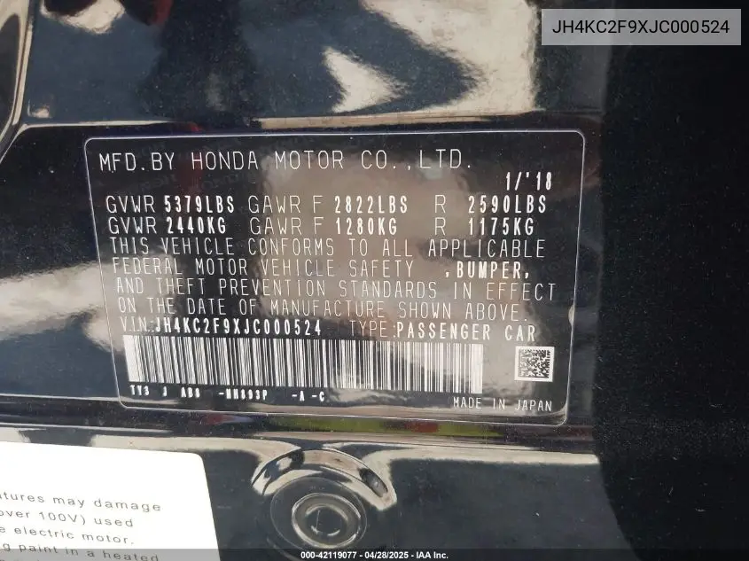 2018 Acura Rlx Sport Hybrid Advance Package VIN: JH4KC2F9XJC000524 Lot: 42119077