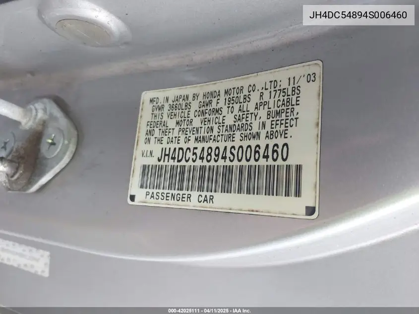 2004 Acura Rsx VIN: JH4DC54894S006460 Lot: 42025111
