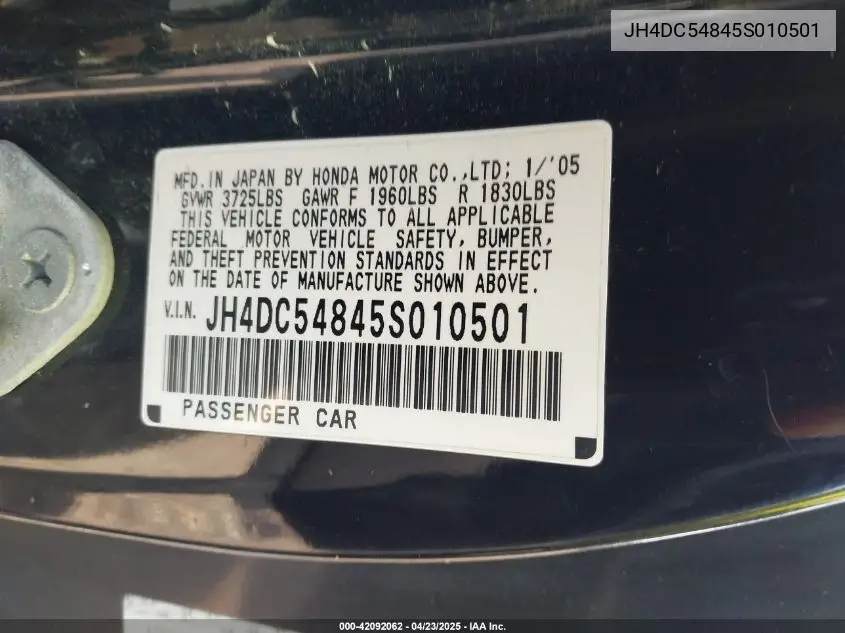 2005 Acura Rsx VIN: JH4DC54845S010501 Lot: 42092062