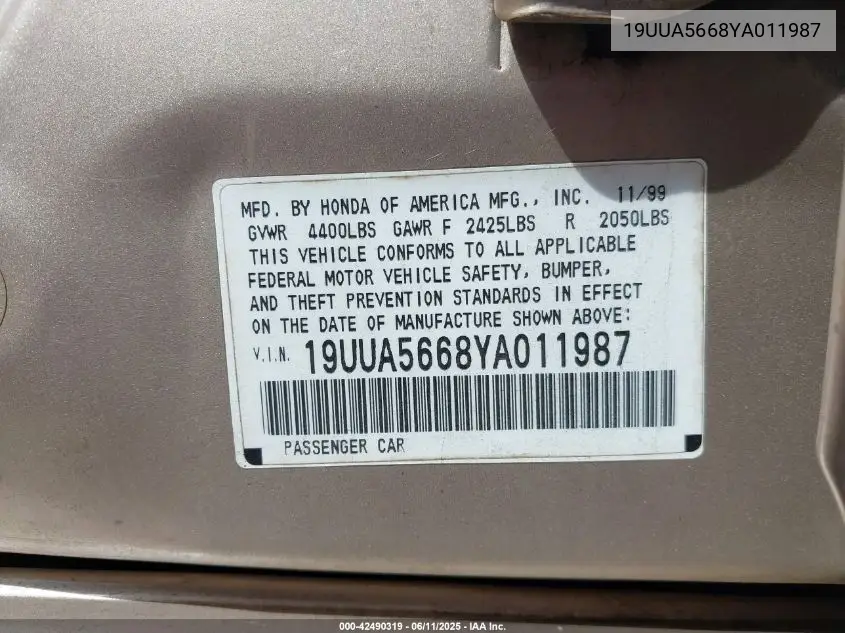 2000 Acura Tl 3.2 VIN: 19UUA5668YA011987 Lot: 42490319