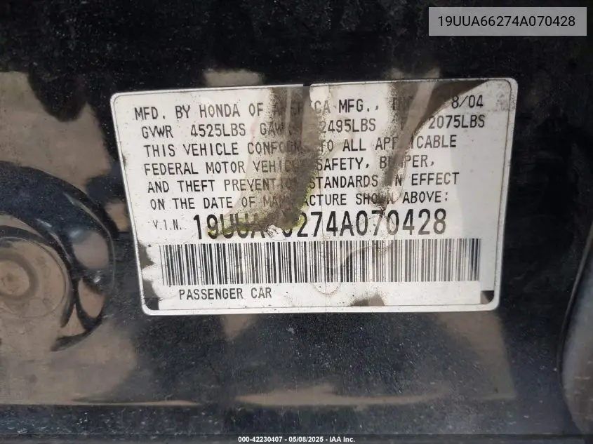 2004 Acura Tl VIN: 19UUA66274A070428 Lot: 42230407