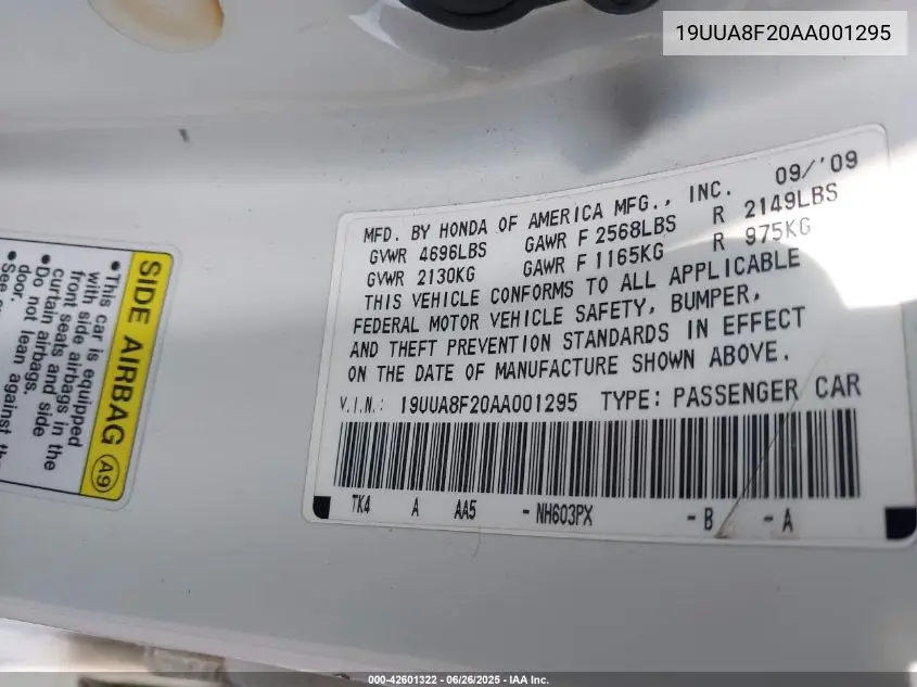 2010 Acura Tl 3.5 VIN: 19UUA8F20AA001295 Lot: 42601322