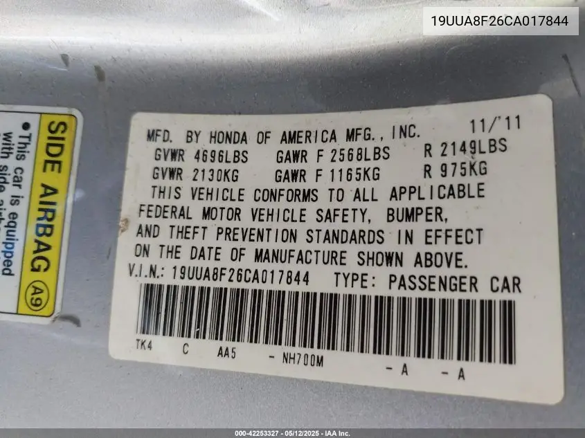 2012 Acura Tl 3.5 VIN: 19UUA8F26CA017844 Lot: 42253327