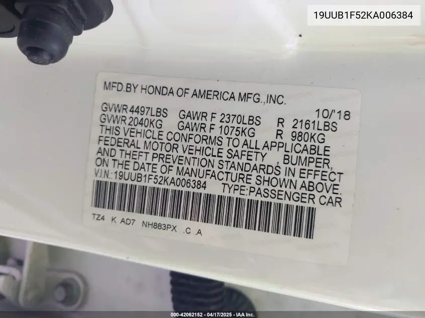 2019 Acura Tlx Tech Pkg VIN: 19UUB1F52KA006384 Lot: 42062152
