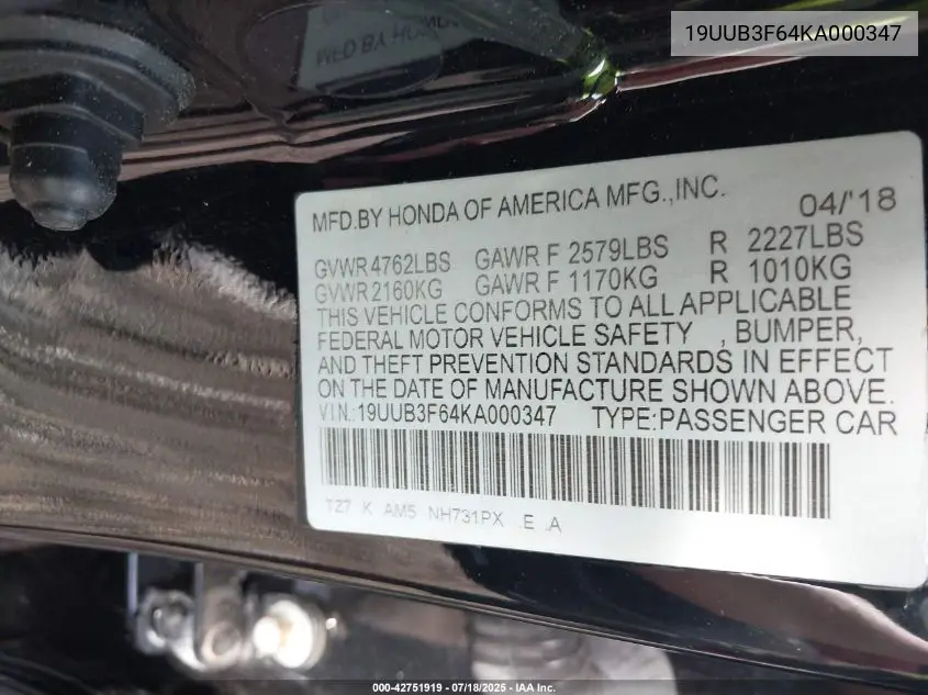 2019 Acura Tlx Tech A-Spec Pkgs VIN: 19UUB3F64KA000347 Lot: 42751919