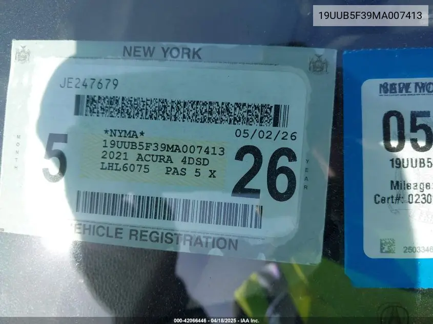 2021 Acura Tlx Standard VIN: 19UUB5F39MA007413 Lot: 42066446