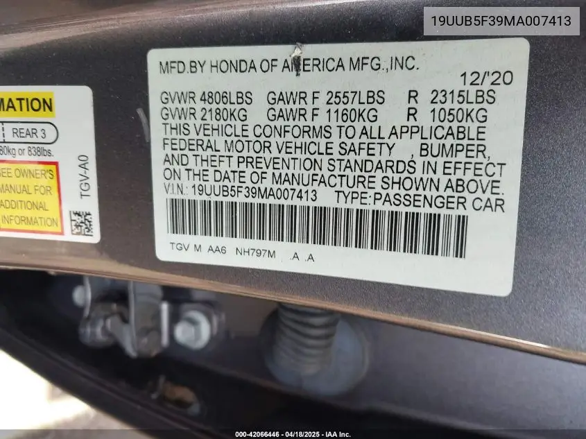 2021 Acura Tlx Standard VIN: 19UUB5F39MA007413 Lot: 42066446