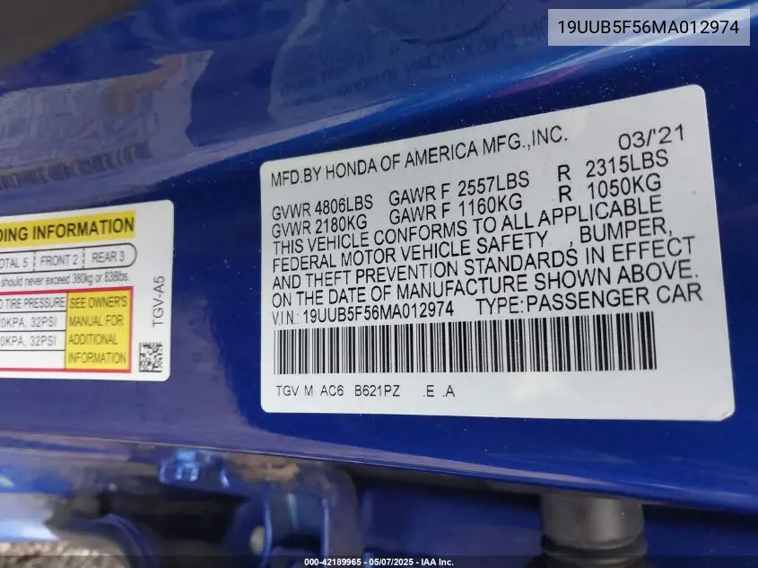2021 Acura Tlx A-Spec Package VIN: 19UUB5F56MA012974 Lot: 42189965