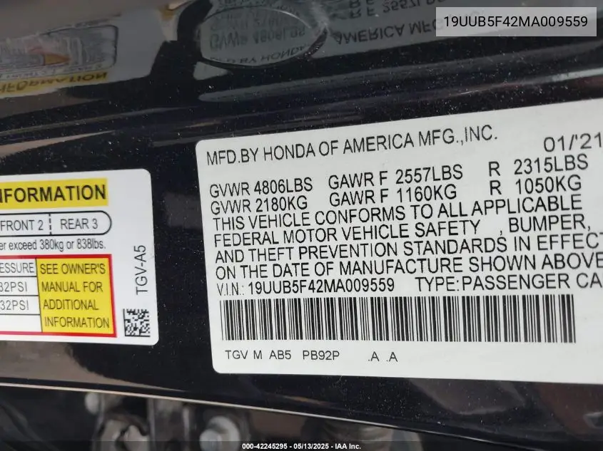 2021 Acura Tlx Technology Package VIN: 19UUB5F42MA009559 Lot: 42245295