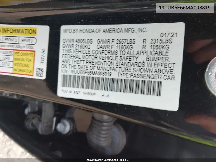 2021 Acura Tlx Advance Package VIN: 19UUB5F66MA008819 Lot: 42446788