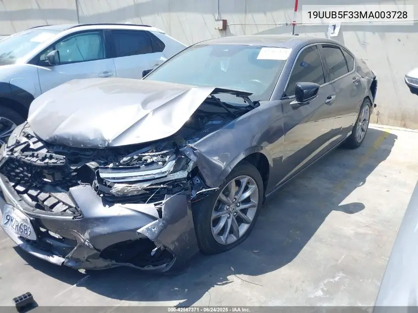 2021 Acura Tlx Standard VIN: 19UUB5F33MA003728 Lot: 42567371