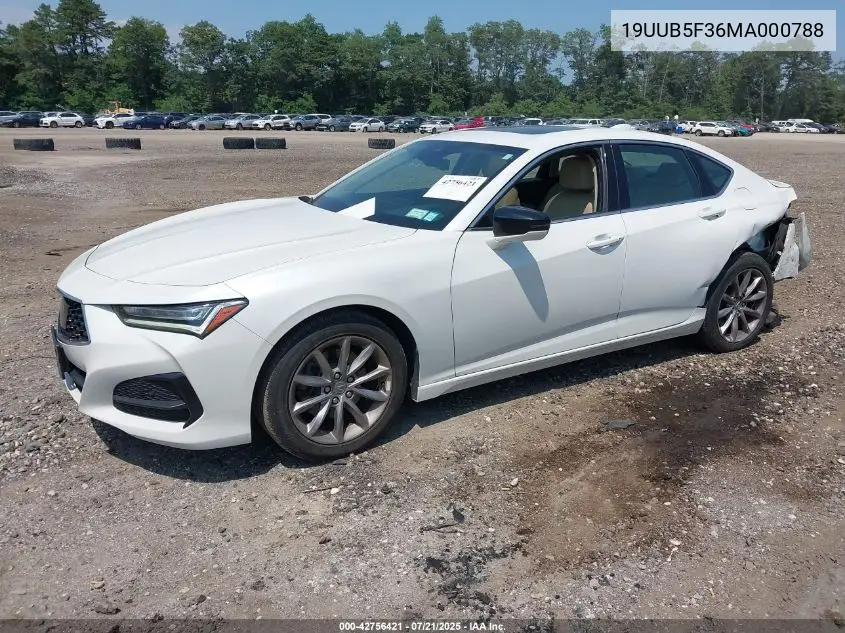 2021 Acura Tlx Standard VIN: 19UUB5F36MA000788 Lot: 42756421