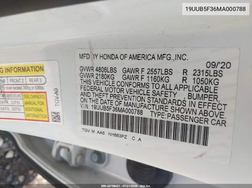 2021 Acura Tlx Standard VIN: 19UUB5F36MA000788 Lot: 42756421