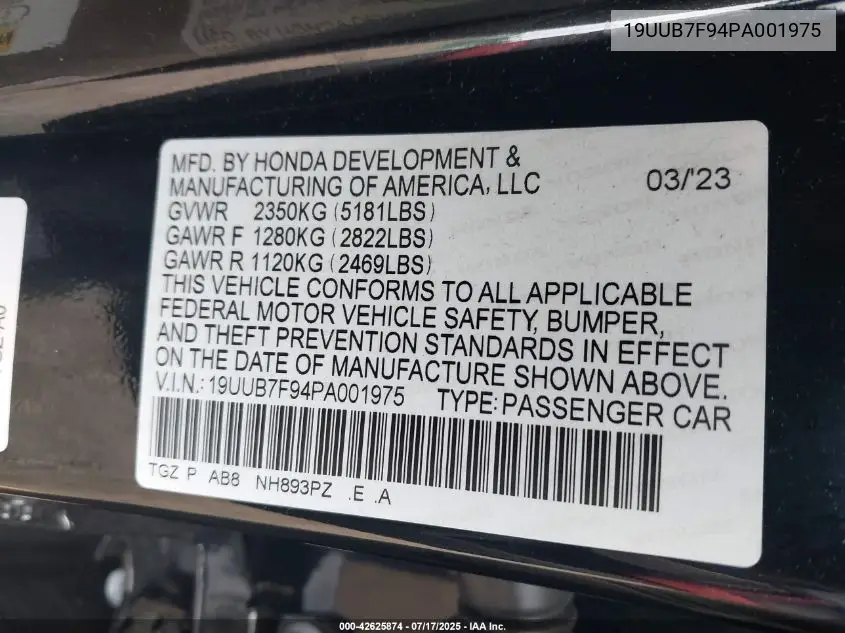 2023 Acura Tlx Type S - Hp Wheel And Tire VIN: 19UUB7F94PA001975 Lot: 42625874