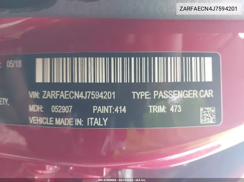 2018 Alfa Romeo Giulia Ti Sport Rwd VIN: ZARFAECN4J7594201 Lot: 41969669