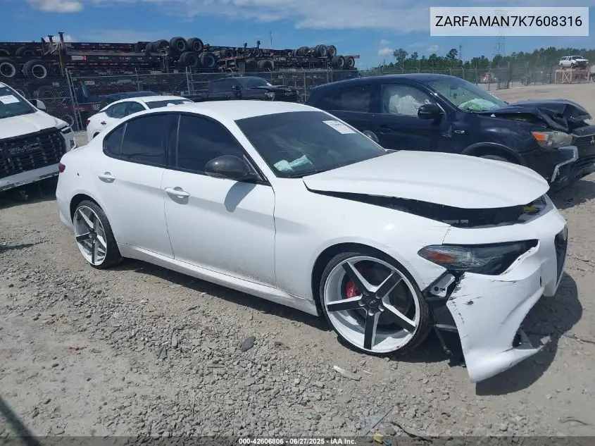 2019 Alfa Romeo Giulia Sport Rwd VIN: ZARFAMAN7K7608316 Lot: 42606806