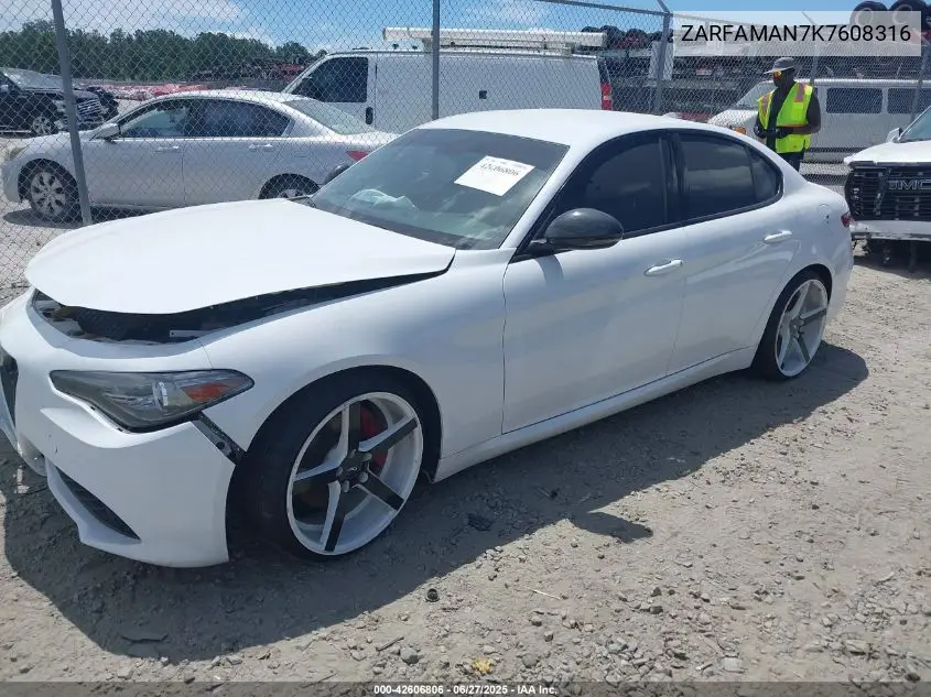 2019 Alfa Romeo Giulia Sport Rwd VIN: ZARFAMAN7K7608316 Lot: 42606806