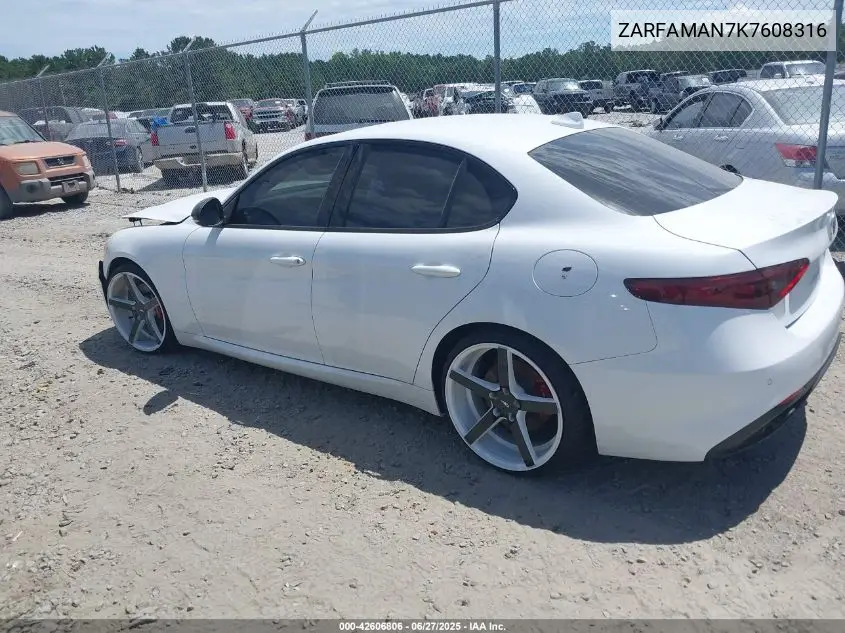 2019 Alfa Romeo Giulia Sport Rwd VIN: ZARFAMAN7K7608316 Lot: 42606806