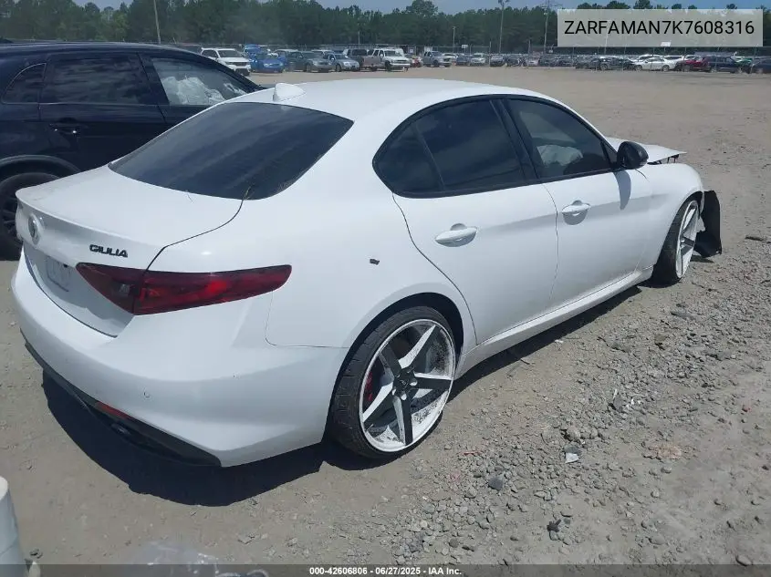 2019 Alfa Romeo Giulia Sport Rwd VIN: ZARFAMAN7K7608316 Lot: 42606806