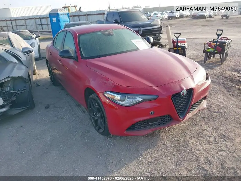 2021 Alfa Romeo Giulia Rwd VIN: ZARFAMAN1M7649060 Lot: 41452670
