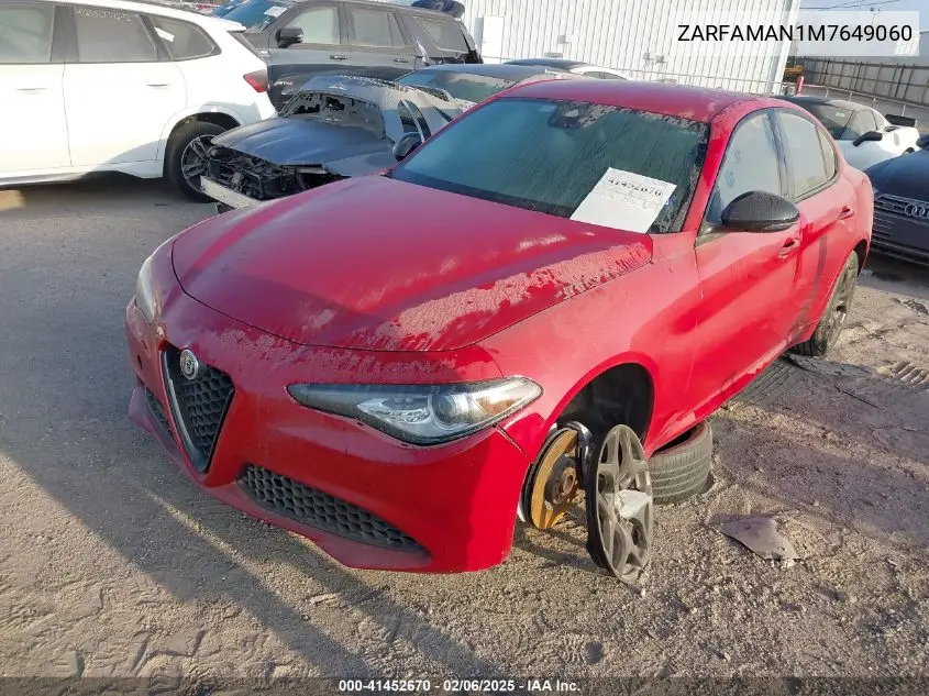 2021 Alfa Romeo Giulia Rwd VIN: ZARFAMAN1M7649060 Lot: 41452670