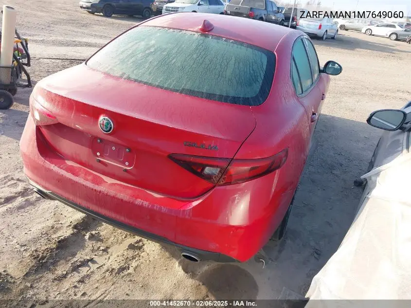 2021 Alfa Romeo Giulia Rwd VIN: ZARFAMAN1M7649060 Lot: 41452670