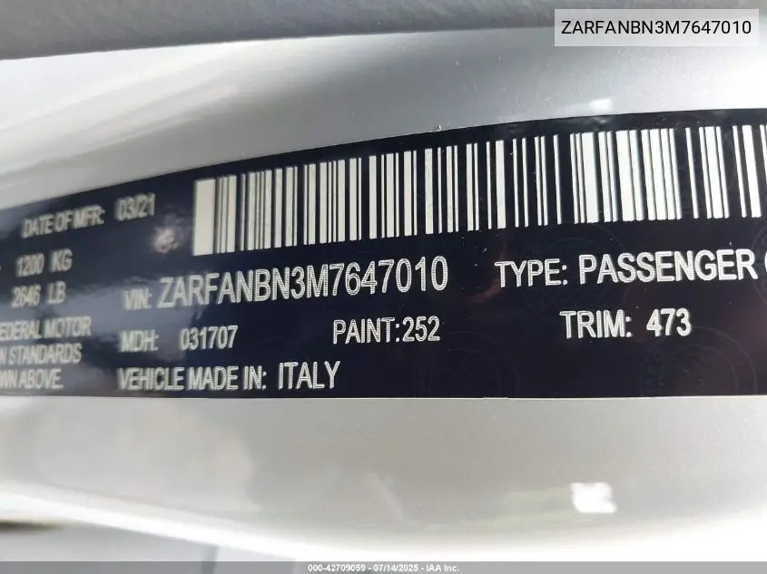 2021 Alfa Romeo Giulia Ti Sport Awd VIN: ZARFANBN3M7647010 Lot: 42709059