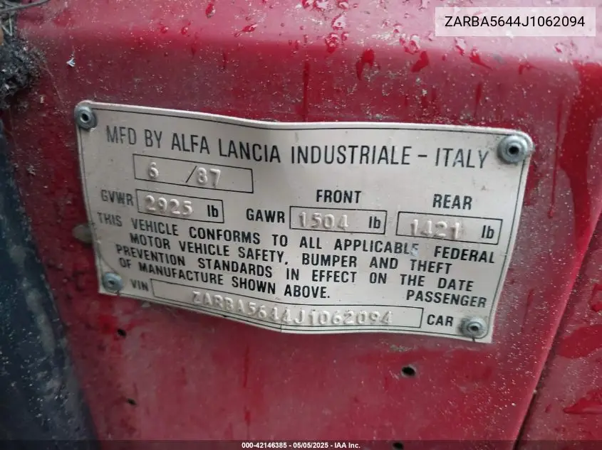 1988 Alfa Romeo Spider Graduate VIN: ZARBA5644J1062094 Lot: 42146385