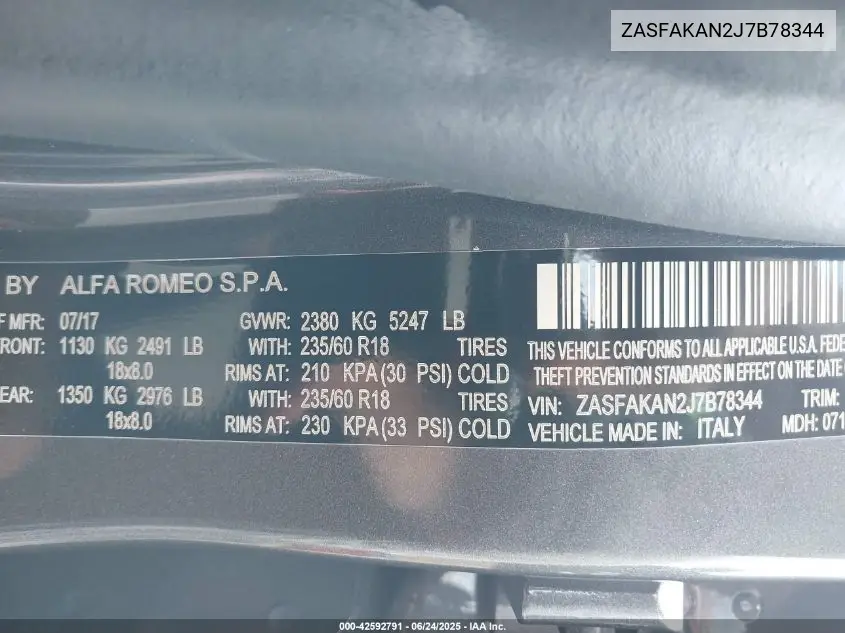 2018 Alfa Romeo Stelvio Awd VIN: ZASFAKAN2J7B78344 Lot: 42592791