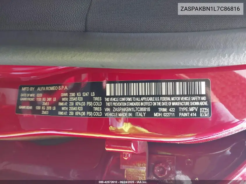 2020 Alfa Romeo Stelvio Ti Sport Awd VIN: ZASPAKBN1L7C86816 Lot: 42572610
