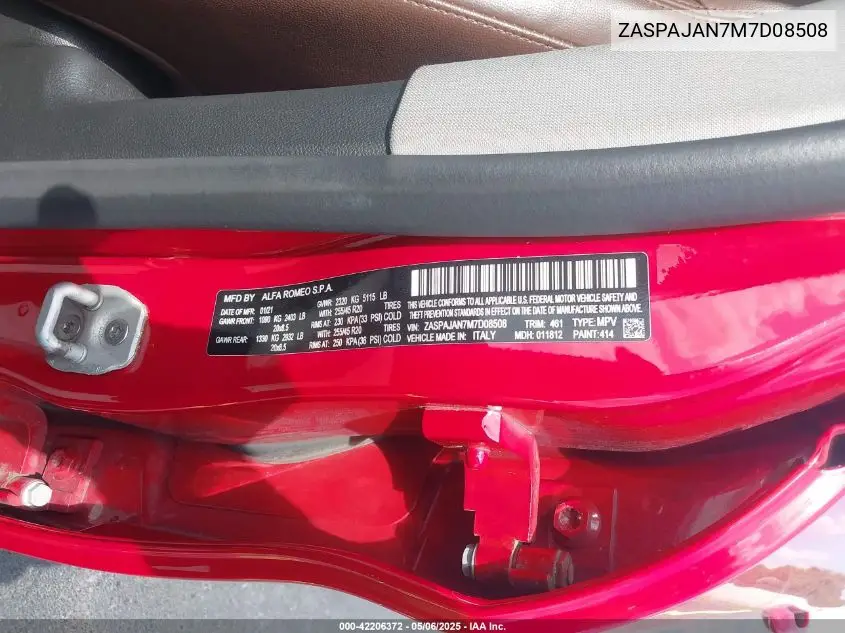 2021 Alfa Romeo Stelvio Rwd VIN: ZASPAJAN7M7D08508 Lot: 42206372