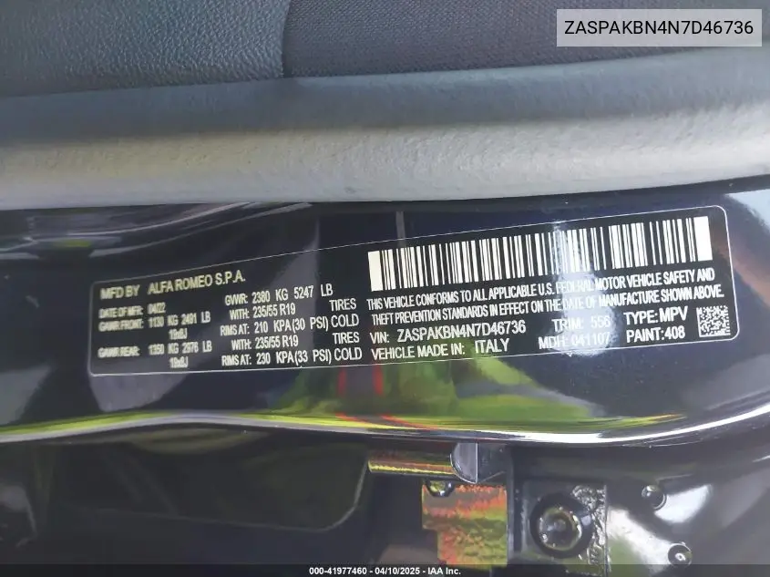 2022 Alfa Romeo Stelvio Ti Awd VIN: ZASPAKBN4N7D46736 Lot: 41977460