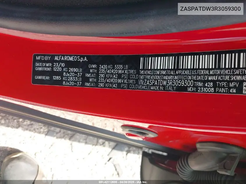 2024 Alfa Romeo Tonale Veloce Eawd VIN: ZASPATDW3R3059300 Lot: 42112695