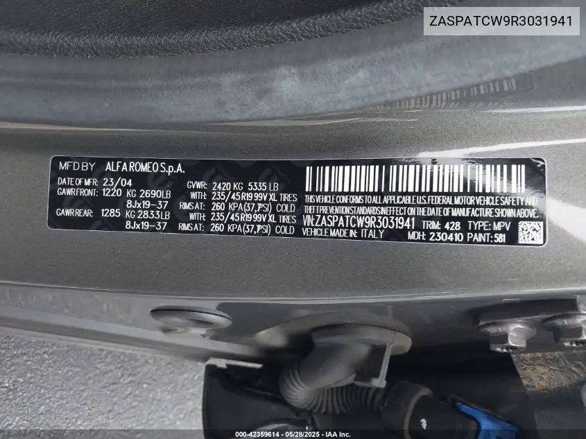 2024 Alfa Romeo Tonale Ti Eawd VIN: ZASPATCW9R3031941 Lot: 42359614