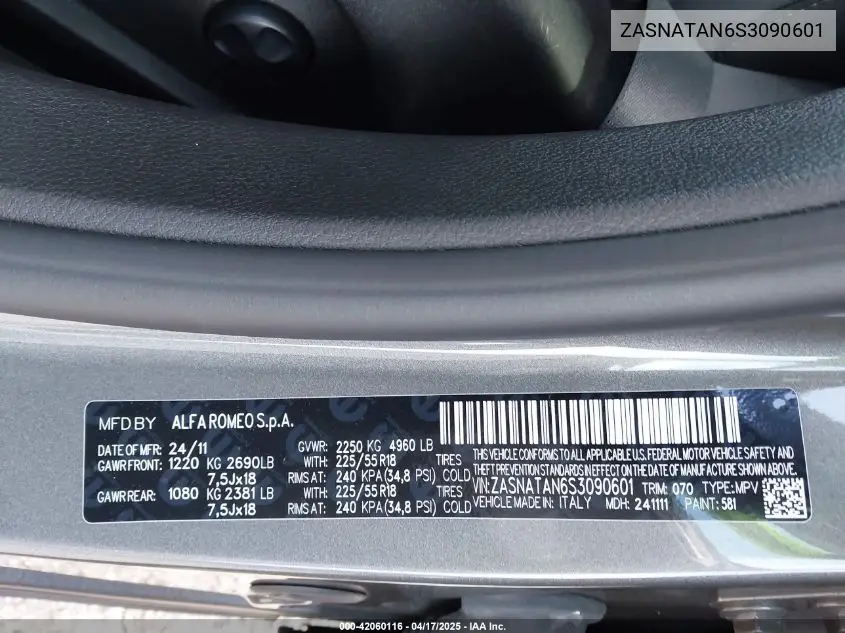 2025 Alfa Romeo Tonale Awd VIN: ZASNATAN6S3090601 Lot: 42060116
