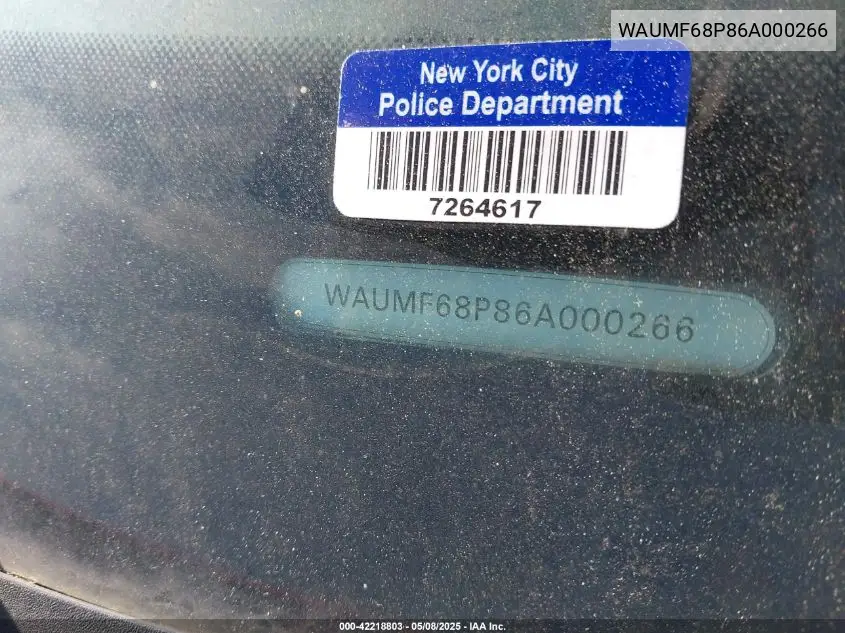 2006 Audi A3 2.0T VIN: WAUMF68P86A000266 Lot: 42218803