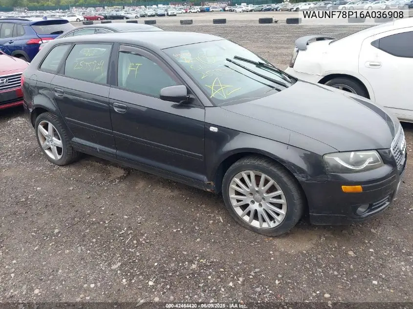 2006 Audi A3 2.0T VIN: WAUNF78P16A036908 Lot: 42464420