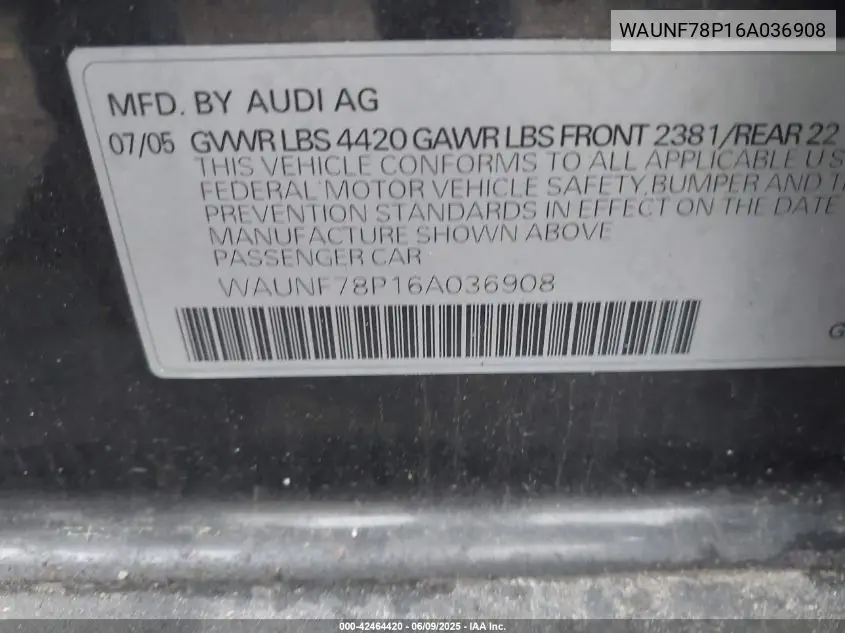 2006 Audi A3 2.0T VIN: WAUNF78P16A036908 Lot: 42464420