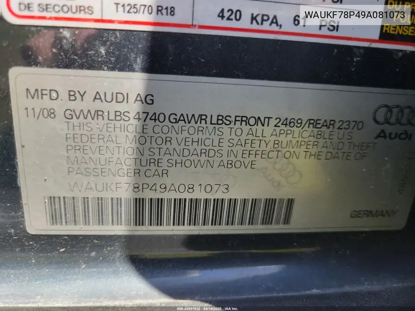 2009 Audi A3 2.0T Quattro VIN: WAUKF78P49A081073 Lot: 42031922